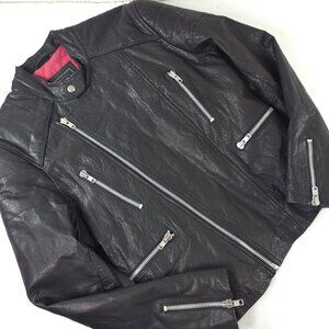 TOPMAN Men's Black Leather Biker Zip Up Jacket Size MEDIUM ZIP POCKETS **FLAWS**